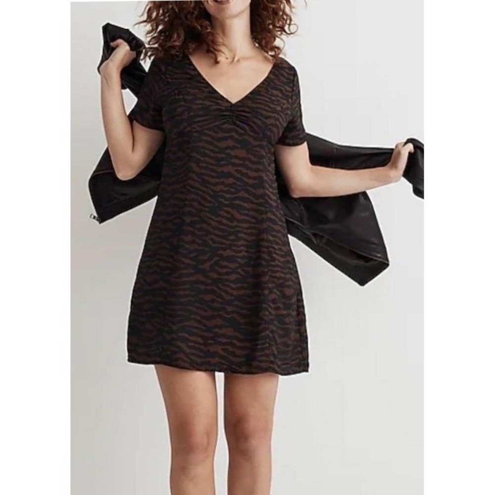 Madewell Tiger Stripe V-Neck Mini Dress Brown Black Animal Print Size 14